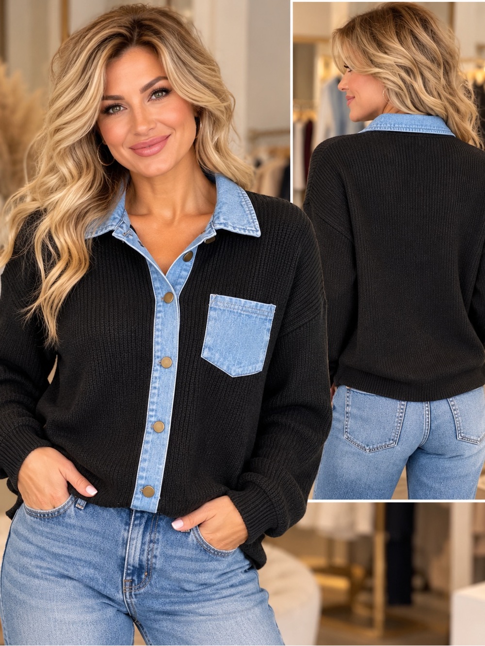 133.NWT Black Knit Button-Front cardigan Sweater with Denim Trim